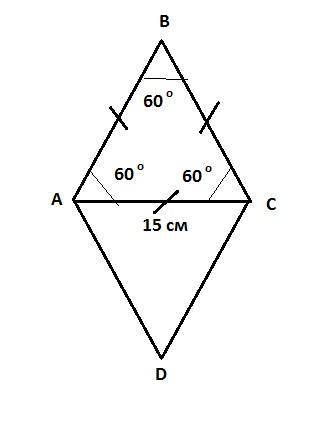 Кути ромба відносяться на 1: 2,а менша діагональ дорівнює 15 см.знайдіть периметр ромба