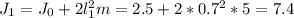 J_{1} = J_{0} + 2 l_{1}^{2} m = 2.5 + 2*0.7^{2}* 5 = 7.4