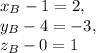 x_B-1=2 , \\ y_B-4=-3, \\ z_B-0=1