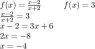 f(x)=\frac{x-2}{x+2} \ \ \ \ \ \ \ \ f(x)=3 \\ \frac{x-2}{x+2}=3 \\ x-2=3x+6 \\ 2x=-8 \\ x=-4