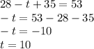 28-t+35=53 \\ -t=53-28-35 \\ -t=-10 \\ t=10