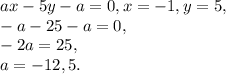 ax - 5 y - a =0, x=-1, y=5, \\&#10;-a-25-a=0, \\&#10;-2a=25, \\&#10;a=-12,5.