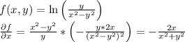 f(x,y)=\ln\left(\frac{y}{x^2-y^2} \right)\\\frac{\partial f}{\partial x}=\frac{x^2-y^2}{y}*\left(-\frac{y*2x}{(x^2-y^2)^2}\right)=-\frac{2x}{x^2+y^2}