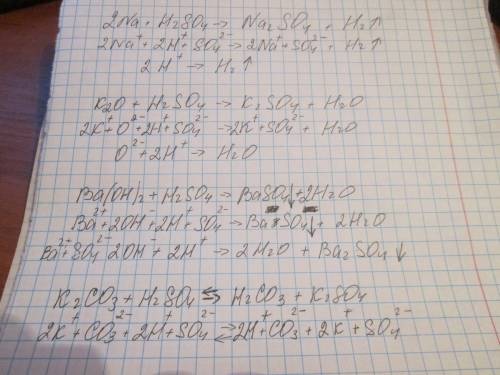 Составите полное ионное уравнение и неполное ионное 1) na + h2so4 --> 2) k2o + h2so4 --> 3) ba