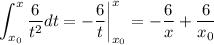 \displaystyle \int^x_{x_0}\dfrac{6}{t^2}dt=-\dfrac{6}{t}\bigg|^x_{x_0}=-\frac{6}{x}+\frac{6}{x_0}