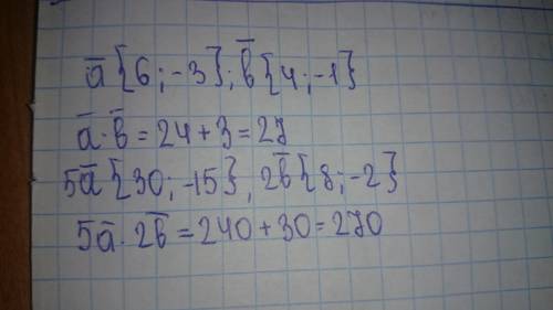 Найти скалярное произведение векторов : a{6; -3},b{4; -1} а)вектор a умножите на вектор b б)вектор 5