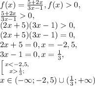 f(x)= \frac{5+2x}{3x-1}, f(x)0, \\&#10;\frac{5+2x}{3x-1}0, \\&#10;(2x+5)(3x-1)0, \\&#10;(2x+5)(3x-1)=0, \\&#10;2x+5=0, x=-2,5, \\&#10;3x-1=0, x= \frac{1}{3} , \\&#10;\left [ {{x \frac{1}{3} ;}} \right. \\&#10;x\in(-\infty;-2,5)\cup( \frac{1}{3} ;+\infty)