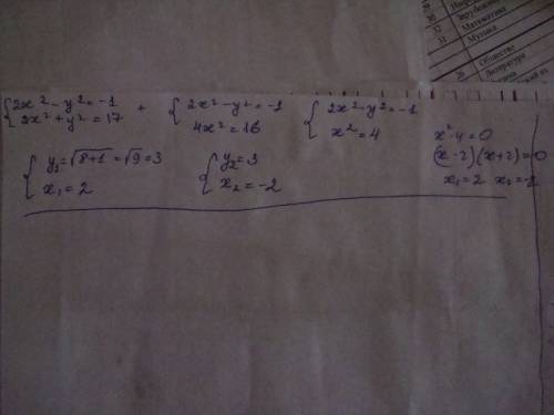 Решите систему уравнений методом подстановки xy=-2 x+3=y сложения 2x^2 -y^2=-1 2x^2+y^2=17