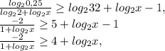 \frac{log _{2}0,25}{log _{2}2+log_{2}x} \geq log _{2} 32+log_{2}x-1, \\ \frac{-2}{1+log_{2}x} \geq 5+log_{2}x-1 \\ \frac{-2}{1+log_{2}x} \geq 4+log_{2}x,