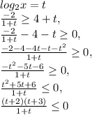 log_{2}x=t \\ \frac{-2}{1+t} \geq 4+t, \\ \frac{-2}{1+t} -4-t \geq0, \\ \frac{-2-4-4t-t-t ^{2} }{1+t} \geq 0, \\ \frac{-t ^{2}-5t-6 }{1+t} \geq 0, \\ \frac{t ^{2}+5t+6 }{1+t} \leq 0, \\ \frac{(t +2)(t+3) }{1+t} \leq 0