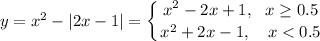 y=x^2-|2x-1|=\displaystyle \left \{ {{x^2-2x+1,~~x\geq0.5} \atop {x^2+2x-1,~~~x