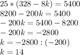 25*(328-8k)=5400 \\ 8200-200k=5400 \\ -200k=5400-8200 \\ -200k=-2800 \\ k=-2800:(-200) \\ k=14