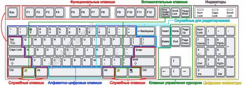 Раскрась цветными карандашами основные группы клавиш: 1)символьные(алфавитно-цифровые) клавиши - син