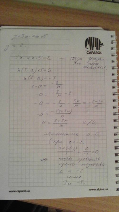 Укажите наименьшее целое значение a, при котором график функций y= 3x - ax + 5 и y = 2 не пересекают