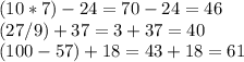 (10*7)-24=70-24=46 \\ (27/9)+37=3+37=40\\(100-57)+18=43+18=61