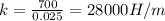 k= \frac{700}{0.025} =28000H/m