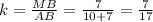 k = \frac{MB}{AB}=\frac{7}{10+7}=\frac{7}{17}