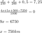 \frac{x}{250}+ \frac{x}{200}+0,5=7,25 \\ \\ \frac{4x+5x+500-7250}{1000}=0 \\ \\ 9x=6750 \\ \\ x=750 km