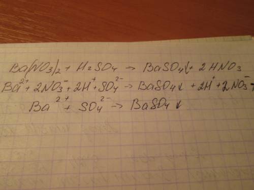 Запишыть рівняння реакції в молекулярному йонному виді барій нітрат и сульфатна кислота)