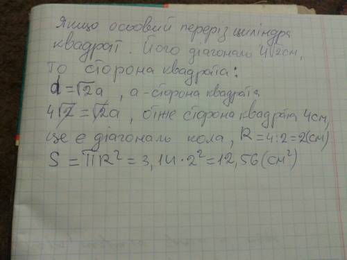 Осьовий переріз циліндра діагональ якого 4корінь з 2 см. знайти s основи