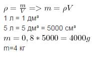 Решите сколько килограммов в керосина входит в 5ти литровую бутыль если плотность керосина 0.8 г/см³
