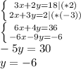 \left \{ {{3x+2y=18|(*2)} \atop {2x+3y=2|(*(-3))}} \right. \\ \left \{ {{6x+4y=36} \atop {-6x-9y=-6}} \right. \\ -5y=30 \\ y=-6