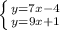 \left \{ {{y=7x-4} \atop {y=9x+1}} \right.