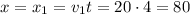 x = x_{1} = v_{1}t = 20 \cdot 4 = 80