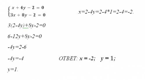 Решите методом подстановки систему уравнений x+4y-2=0 3x-8y-2=0