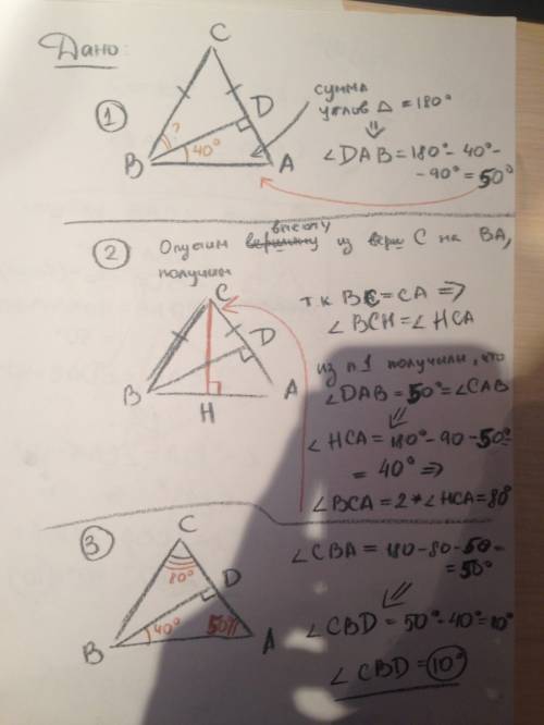 Втреугольнике авс из вершины угла в опущена высота вd на сторону ас так, что угол авd=40°, вс=ас. на