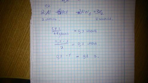 Найти массу водорода ,который выделяется при взаимодействии 5,4 г. алюминий с соляной кислотой. , ..