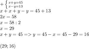 + \left \{ {{x+y=45} \atop {x-y=13}} \right. \\ &#10;x+x+y-y=45+13 \\ 2x=58 \\ x=58:2 \\ x=29 \\ x+y=45=y=45-x=45-29=16 \\ \\ (29;16)