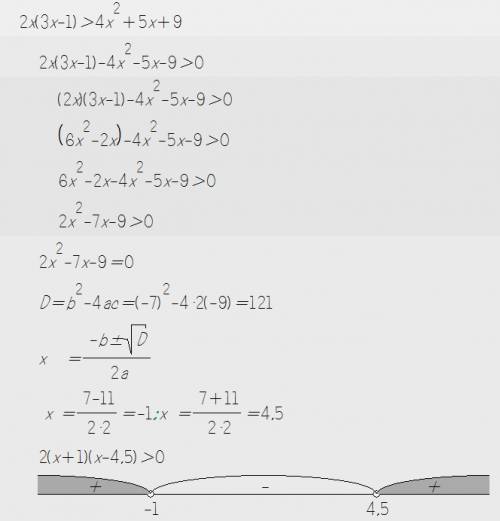 (9 класс) решить систему неравенств: 1){2х(3х-1)> 4^2+5х+9, {(5х+7)(х-2)< 21^2-11х-13;