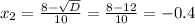 x_{2}= \frac{8- \sqrt{D} }{10} = \frac{8-12}{10} = -0.4