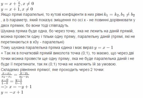 Скільки прімих,які не перетинають графік функції у= х+ , можна провести через точку(1; 0)?