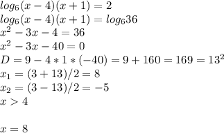 log_6(x-4)(x+1)=2\\log_6(x-4)(x+1)=log_636\\x^2-3x-4=36\\x^2-3x-40=0\\D=9-4*1*(-40)=9+160=169=13^2\\x_1=(3+13)/2=8\\x_2=(3-13)/2=-5\\x4\\\\x=8