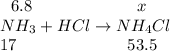 \,\,\,\,6.8\,\,\,\,\,\,\,\,\,\,\,\,\,\,\,\,\,\,\,\,\,\,\,\,\,\,\,\,\,\,\,\,\,\,\,\,\,\,x\\ NH_3+HCl\to NH_4Cl \\ 17\,\,\,\,\,\,\,\,\,\,\,\,\,\,\,\,\,\,\,\,\,\,\,\,\,\,\,\,\, \,\,\,\,\,\,\,\,\,\,\,53.5