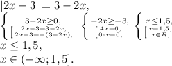 |2x-3|=3-2x, \\ \left \{ {{3-2x \geq 0,} \atop { \left [ {{2x-3=3-2x,} \atop {2x-3=-(3-2x),}} \right. }} \right. \left \{ {{-2x \geq -3,} \atop { \left [ {{4x=6,} \atop {0\cdot x=0,}} \right. }} \right. \left \{ {{x \leq 1,5,} \atop { \left [ {{x=1,5,} \atop {x\in R,}} \right. }} \right. \\ &#10;x \leq 1,5, \\ &#10;x\in(-\infty;1,5].