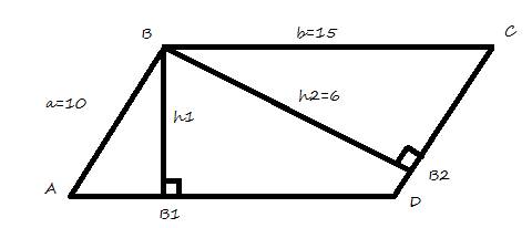 Пусть a и b - смежные стороны параллелограмма. найдите h1,если а=10 см, b=15 см, h2=6 см. h2> h1