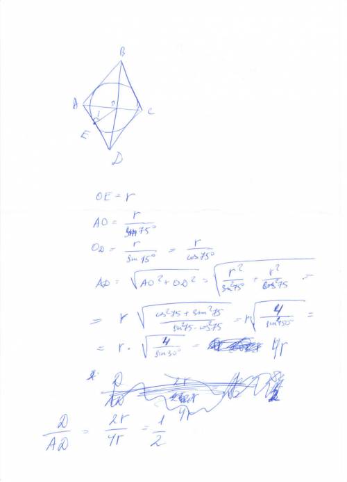 Вромбе abcd диагонали пересекаются в точке о.в ромб вписана окружность,касающаяся стороны ad в точке