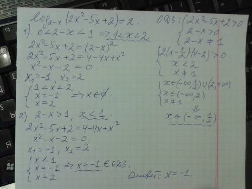 60 решить с одз log2-x(2x^2-5x+2)=2