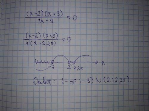 ((x-2)(x+3)) / 4x-9 все это меньше нуля. решите