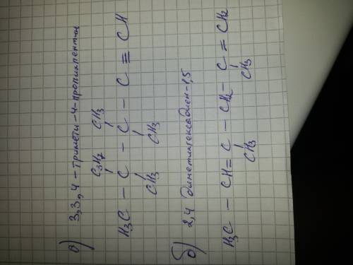 Составить структурные формулы а) 3,3,4-триметил -4-пропилпентин б) 2,4-диметилгексадиен- 1,5