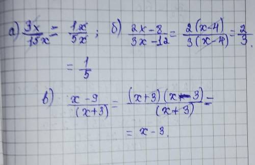 А) 3x/15x б) 2x-8/3x-12 в) x-9/(x+3) сократите дробь