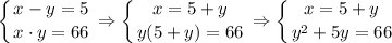 \displaystyle \left \{ {{x-y=5} \atop {x\cdot y=66}} \right. \Rightarrow \left \{ {{x=5+y} \atop {y(5+y)=66}} \right. \Rightarrow \left \{ {{x=5+y} \atop {y^2+5y=66}} \right.