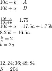 10a+b=A\\&#10;10b+a=B\\\\&#10; \frac{10b+a}{10a+b}=1.75\\&#10; 10b+a=17.5a+1.75b\\ &#10; 8.25b=16.5a \\ &#10; \frac{b}{a}=2\\&#10; b=2a\\\\&#10;\\&#10;12,24;36;48;84\\&#10;S=204&#10;&#10;&#10;