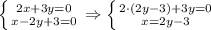 \left \{ {{2x+3y=0} \atop {x-2y+3=0}} \right. \Rightarrow \left \{ {{2\cdot(2y-3)+3y=0} \atop {x=2y-3}} \right.