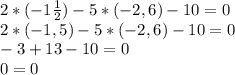 2*(-1 \frac{1}{2} )-5*(-2,6)-10=0\\&#10;2*(-1,5)-5*(-2,6)-10=0\\&#10;-3+13-10=0\\&#10;0=0