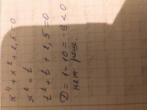 Имеет ли корни уравнение x^4 + x^2+2.5 = 0. ответ обоснуйте