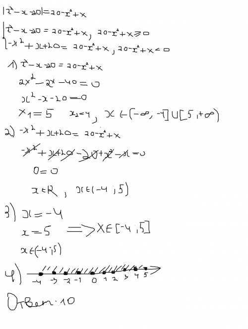 Найдите число целых корней уравнения | x^2-x-20 | = 20-x^2+x